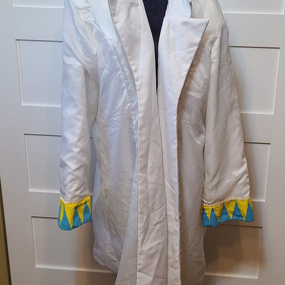 White Cosplay Costume Jacket with Blue & Yellow Trim – Unisex – Long Coat